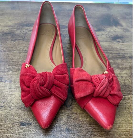 Tory Burch Shoes - Tory Burch Womens Red 8M Eleanor Flat Suede Bow Pointed Toe Shoe Office Wear